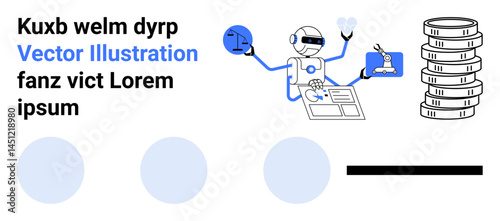 Robot conducting analysis with microscope, stack of coins, and digital tools. Ideal for technology, innovation, automation, artificial intelligence, finance, research simple landing page
