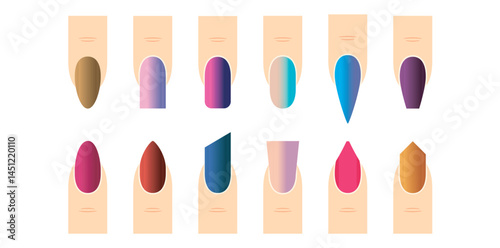 Collection Of Woman Fingernails On White Background, Fashion Manicure Accessory Vector Illustration.	
