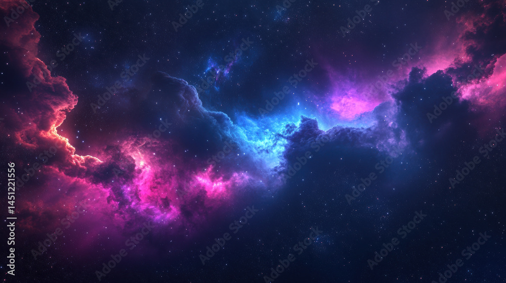 Vibrant colorful nebula in deep space with bright stars and cosmic dust displaying rich shades of pink purple blue and black science imaging background