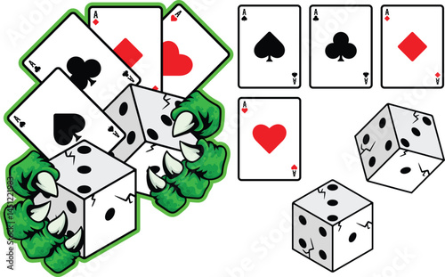 Illustration of a dice game playing card and a cartoon monster claw