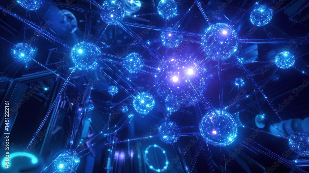 Futuristic Network of Glowing Spheres Interconnected by Luminous Lines, Illustrative Futuristic Network of Glowing Spheres Interconnected by Luminous Lines, Illustrative