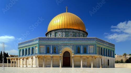 Dome of the Rock, Jerusalem:  A majestic architectural marvel, the Dome of the Rock stands tall against a clear blue sky. Its golden dome and intricate blue tilework, a testament to Islamic artistry.