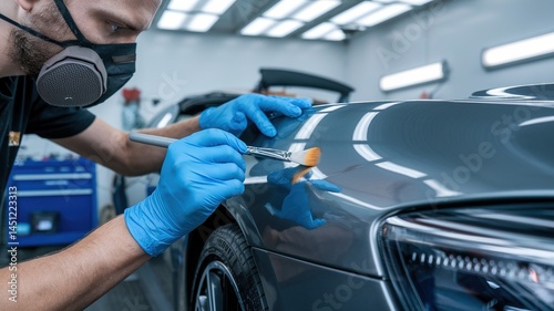 Precision Auto Detailing: Technician Applying Touch-Up Paint or Coating with Brush