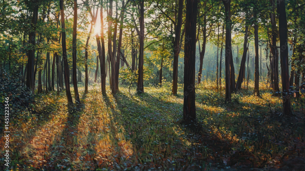 Serene forest landscape with tall trees Bathed in warm sunlight du autumn with colorful leaves and long shadows creating a peaceful natural scene Serene forest landscape with tall trees Bathed in warm sunlight du autumn with colorful leaves and long shadows creating a peaceful natural scene