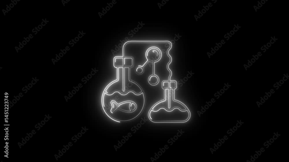 Neon outline animation of fish in beaker and molecular structure for scientific research Neon outline animation of fish in beaker and molecular structure for scientific research