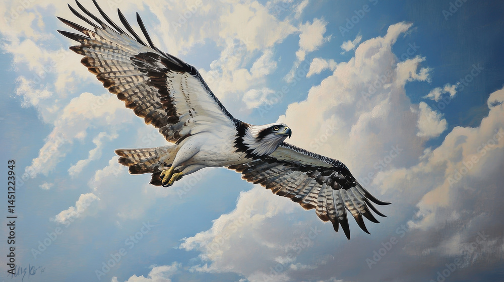 Obraz premium Majestic aerial view of an impressive osprey soa through bright blue sky with fluffy white clouds du daytime showcasing detailed feathers and powerful wings