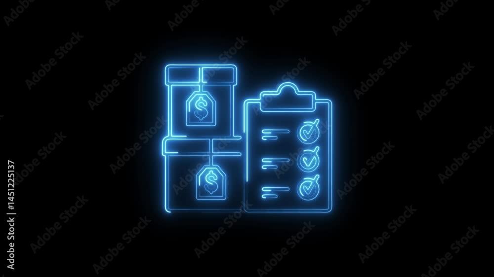 Neon style product verification animation boxes with dollar signs and ...