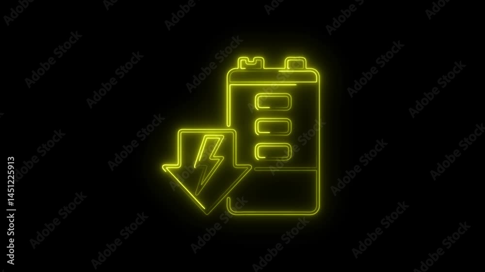 Yellow neon battery power down animated icon on black background Yellow neon battery power down animated icon on black background