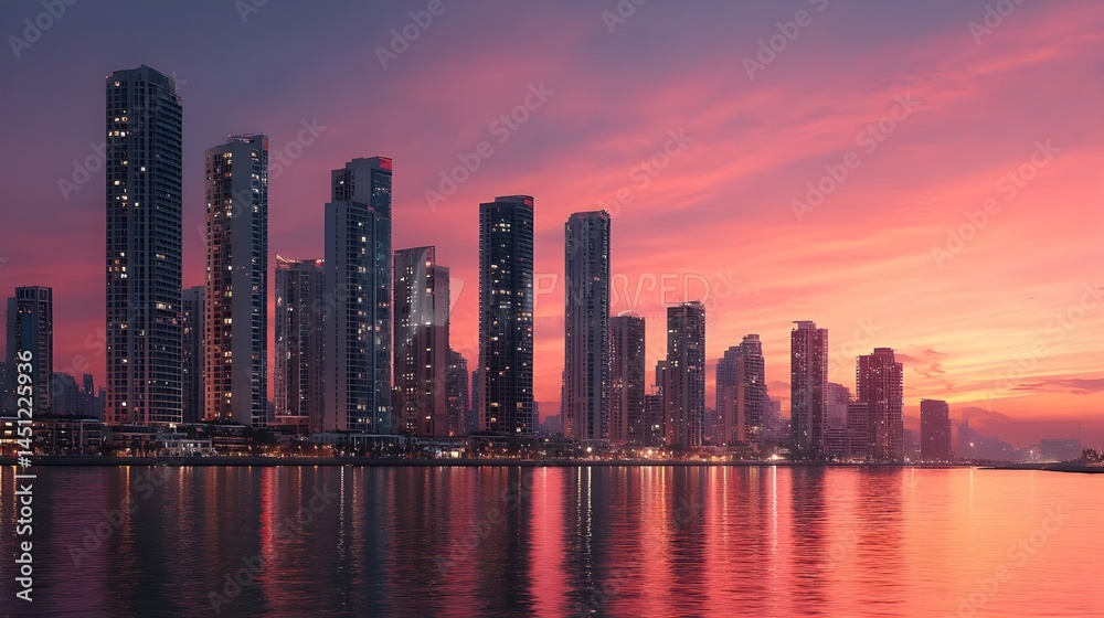 Fototapeta premium Explore Elegant 3D Luxury Apartment Overlooking Vibrant City Skyline At Sunset With Exclusive High-End Amenities