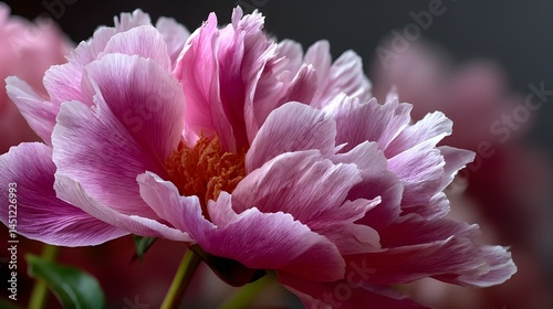 Close-up of pink peony with ruffled petals showcasing delicate textures and gradient floral hues macro