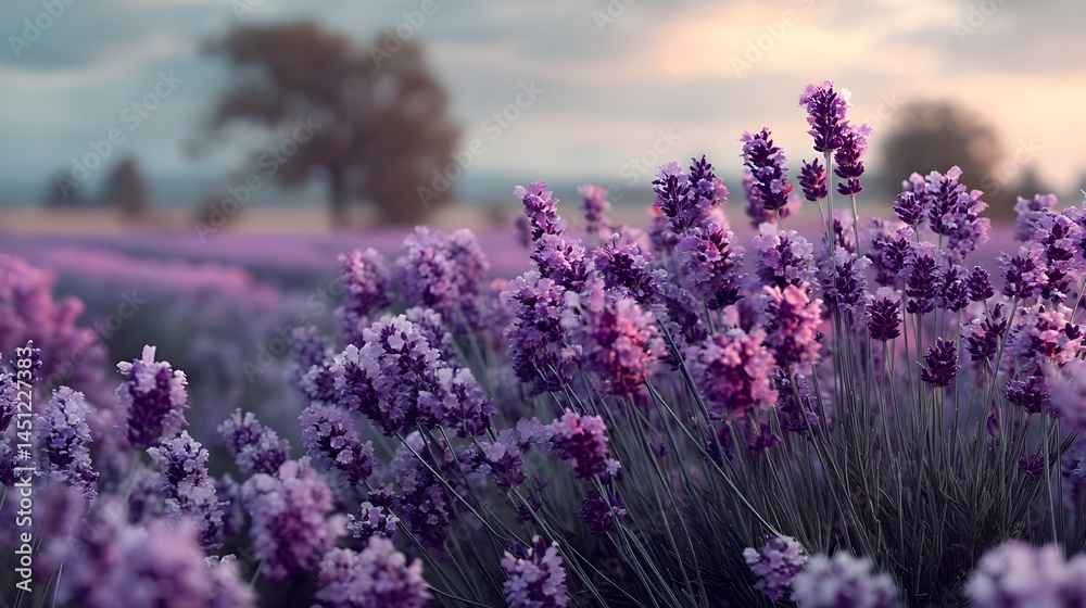 Obraz premium Fields of blooming lavender with soft gradient horizons: Capture Pastel Floral Landscapes for Tranquil Photography Portfolios