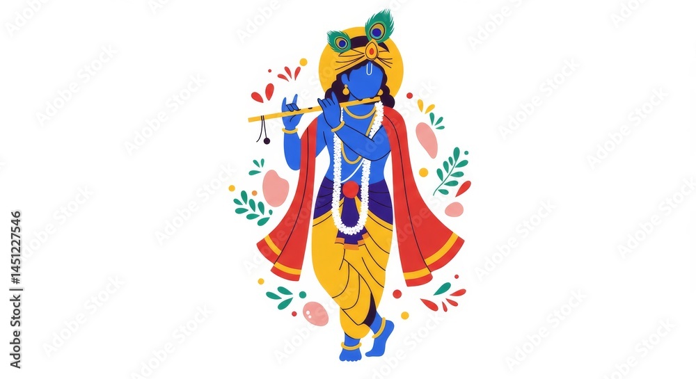 Divine illustration of Lord Krishna playing the flute with floral elements Divine illustration of Lord Krishna playing the flute with floral elements
