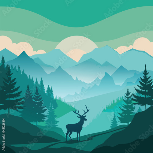 Create a tranquil, layered vector illustration of a mountainous forest landscape with silhouetted deer in the foreground under a soft, muted sky.