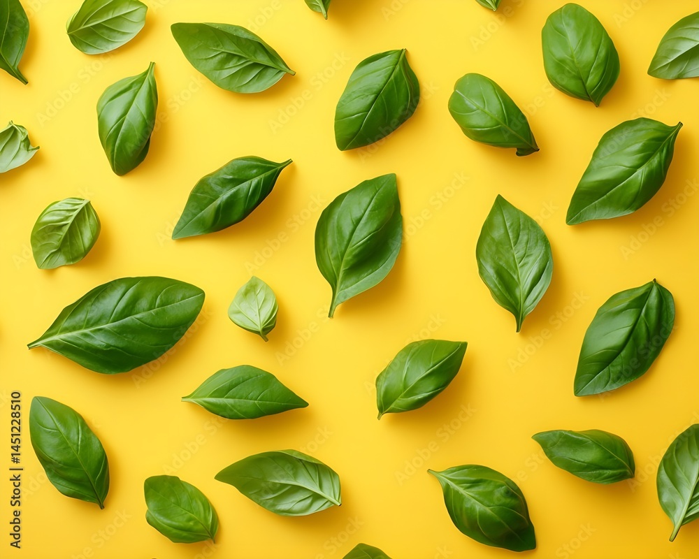 Highlight Fresh Basil Leaves Scattered On Lemon Yellow Backgrounds For Vibrant Culinary Herb Photography Displays Highlight Fresh Basil Leaves Scattered On Lemon Yellow Backgrounds For Vibrant Culinary Herb Photography Displays