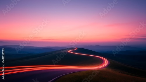 Scenic Sunset Drive Along a Winding Road Through Rolling Hills