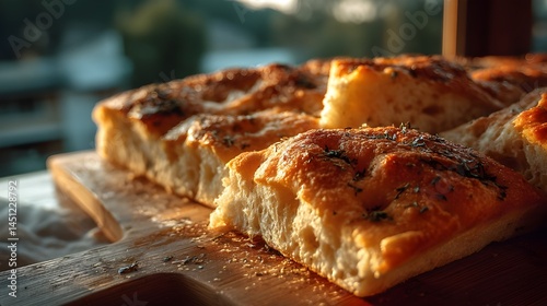Wallpaper Mural Freshly baked focaccia bread on wooden table sprinkled with herbs and olive oil for taste Torontodigital.ca