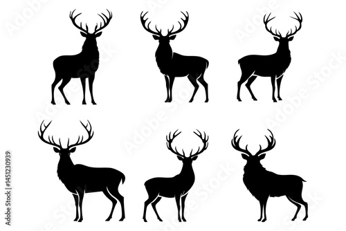 Deer silhouettes isolated on transparent background, set of 6 majestic stag vectors png