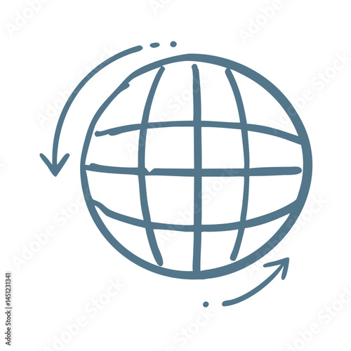 Hand-Drawn Globe Icon with Arrows, Global Rotation