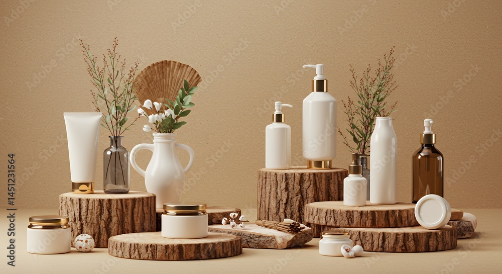 Rustic Wooden Podium Display with White and Amber Cosmetic Products Rustic Wooden Podium Display with White and Amber Cosmetic Products