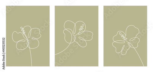 Flower wall art set, minimalist single white line drawing of hibiscus flowers...