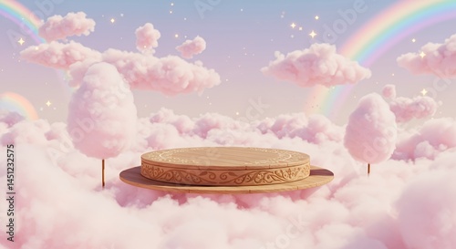 Whimsical Pastel Sky with Intricate Wooden Podium on Cotton Candy Clouds