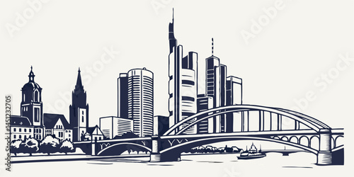 Frankfurt skyline silhouette vector including Commerzbank Tower, European Central Bank, Römer, and Main River bridges.