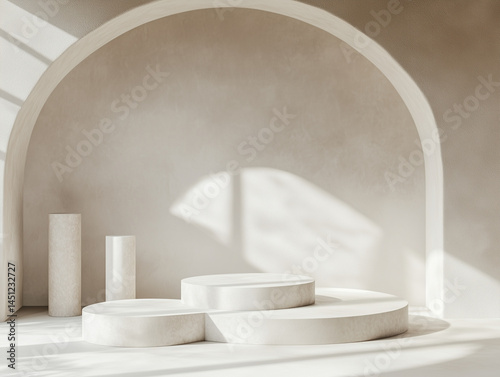 Elegant minimalist scene with a podium under a soft arched niche, bathed in warm natural light.