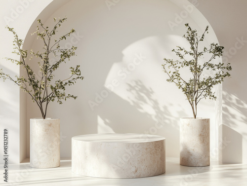 A clean and minimal 3D scene with soft neutral tones, showcasing two potted trees and a round podium in natural lighting.