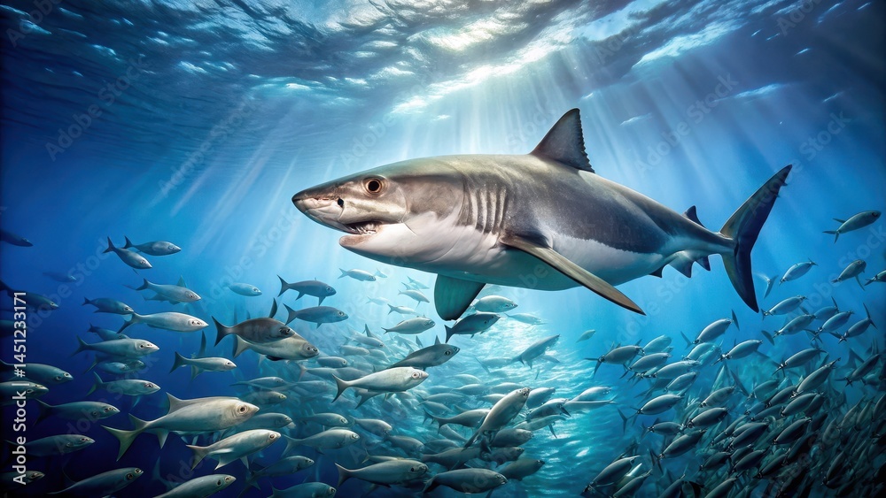 A great white shark stalking its prey, a small schooling of fish darting away in fear as they try to escape the jaws of the predator , underwater, aquatic life A great white shark stalking its prey, a small schooling of fish darting away in fear as they try to escape the jaws of the predator , underwater, aquatic life
