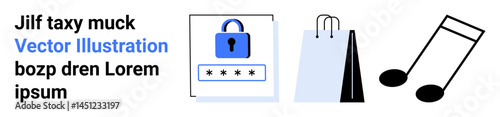 Password lock symbolizing security, shopping bags for e-commerce, and music note for entertainment. Ideal for technology, retail, music, online shopping, security awareness, digital content simple