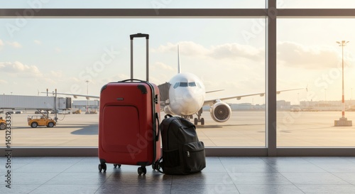 Luggage Waits at Airport Terminal with Airplane View Preparing for Travel