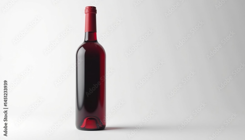 Single red wine bottle, upright, minimalist white backdrop , grape, still life, minimal Single red wine bottle, upright, minimalist white backdrop , grape, still life, minimal