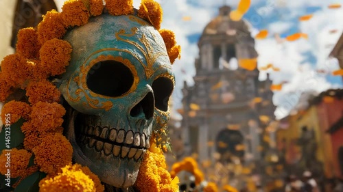 Day of the Dead Skull with Marigolds in Oaxaca
