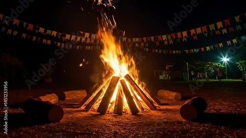 A traditional Brazilian Festa Junina bonfire at night, surrounded by rustic wooden logs and glowing under the starry sky, with colorful festive bunting hanging in the background.