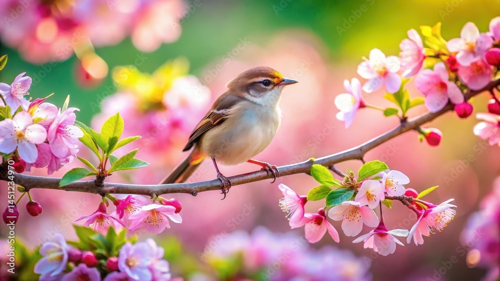 Fototapeta premium A small bird perches on a delicate branch of a blooming tree in springtime, surrounded by vibrant flowers and lush greenery