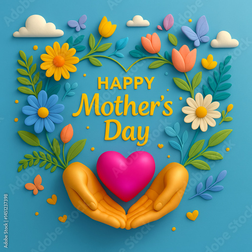 Bright and Playful Happy Mother’s Day Illustration with Colorful Flowers, Pink Heart, and Golden Hands on Blue Background – Whimsical 3D Design with Butterflies and Clouds for a Joyful Celebration