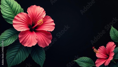 Bold, large-scale hibiscus blooms, tropical leaves, vibrant colors on a black background , print, bold, flowers