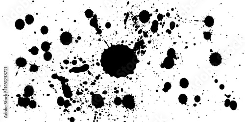 Spray paint drips, ink blots or splatters set. Black splashes, graffiti speckles and inkblot spots with dust effect. Paintbrush splotch, inky drops or liquid blobs. Abstract dirty grunge splash stains