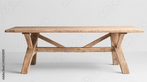 the image shows a rectangular table centered against a solid background. the table is made of light colored wood with a rough texture, suggesting a rustic or aged appearance