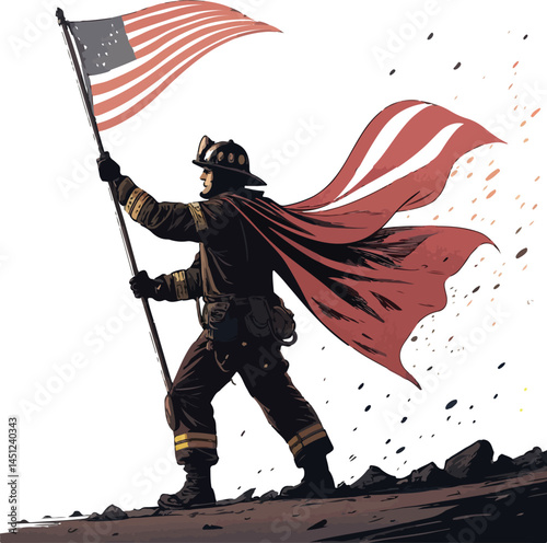 Heroic Firefighter with American Flag – Bold Digital Illustration on Rocky Terrain
