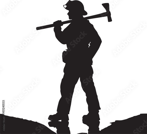 Silhouette Firefighter with Axe on Shoulder – Bold Black and White Minimalist Vector