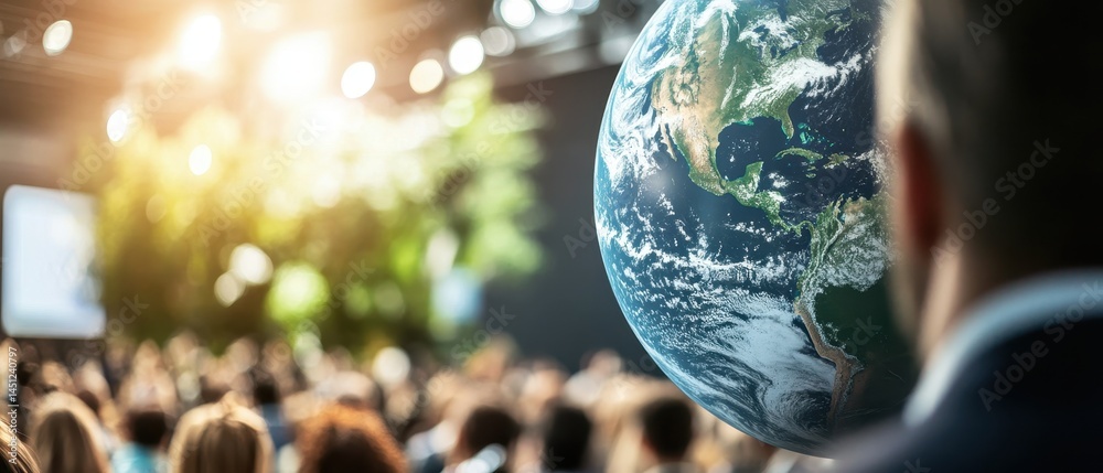 A person observes a large globe in a crowded event, highlighting themes of global awareness and engagement in a modern setting.