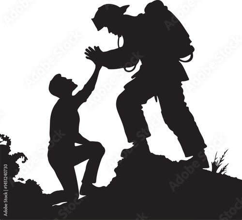 Silhouette Firefighter Helping Person on Rocky Hill – Bold Black and White Heroic Scene
