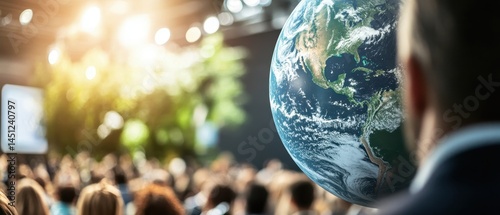 Obraz na płótnie A person observes a large globe in a crowded event, highlighting themes of global awareness and engagement in a modern setting. w salonie