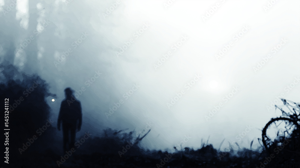 Fototapeta premium Surreal Halloween commercial background, foggy forest silhouette