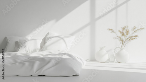 the image shows a bright, minimalist bedroom featuring a made bed with white linens and pillows. sunlight streams through a window, casting strong shadows across the white wall behind the bed