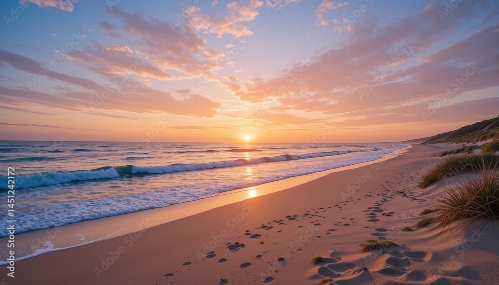 Tranquil Beach Sunset with Footprints in the Sand and Gentle Wav Tranquil Beach Sunset with Footprints in the Sand and Gentle Wav