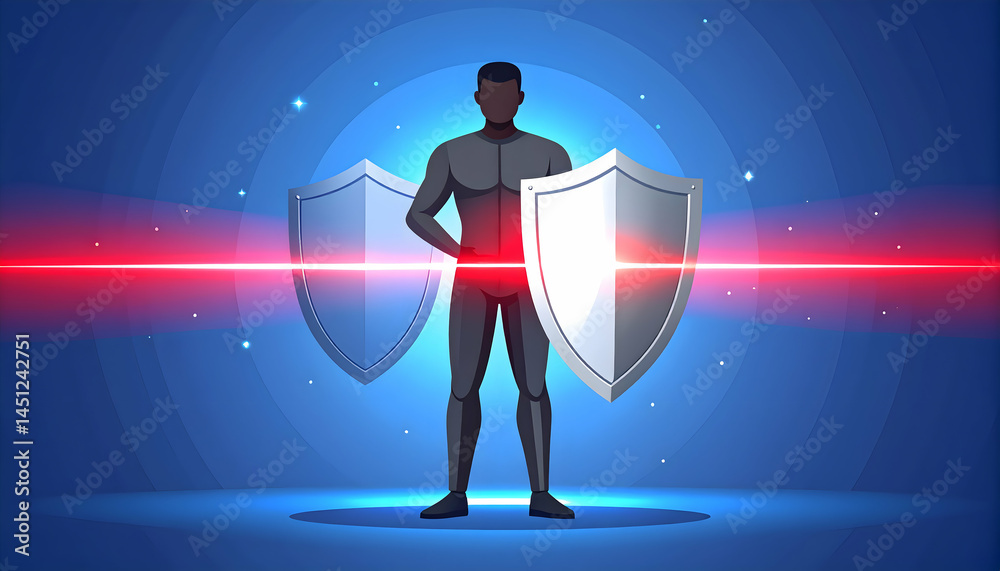 Fototapeta premium Pixel Art Character With Shields And Energy Beams