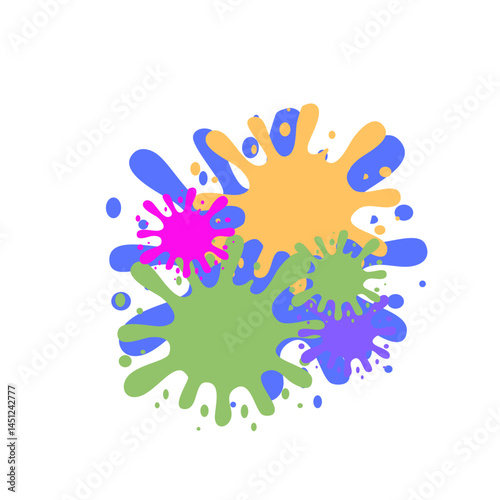 Ink splat or splash vector illustration. Colored splatters, graffiti spots and ink blots. Paintbrush splotches, ink drips or liquid blobs. Abstract dirty grunge splatter stains
