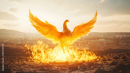 Golden Phoenix Rising From Flames